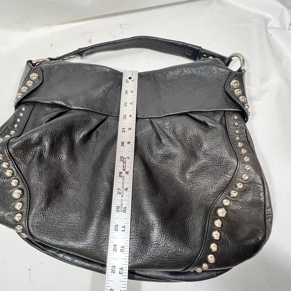 B. Makowsky Hobo Bag Purse Black Pebbled Leather Silver Studded Leopard Lining - Picture 10 of 11